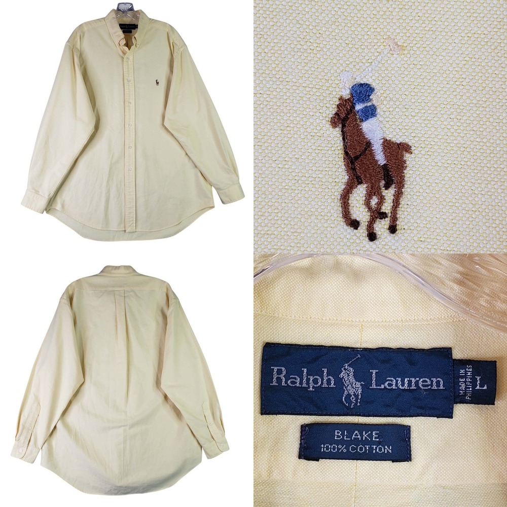 Ralph Lauren Button Down Shirt Mens L Yellow Blake Oxford Long Sleeve Pony